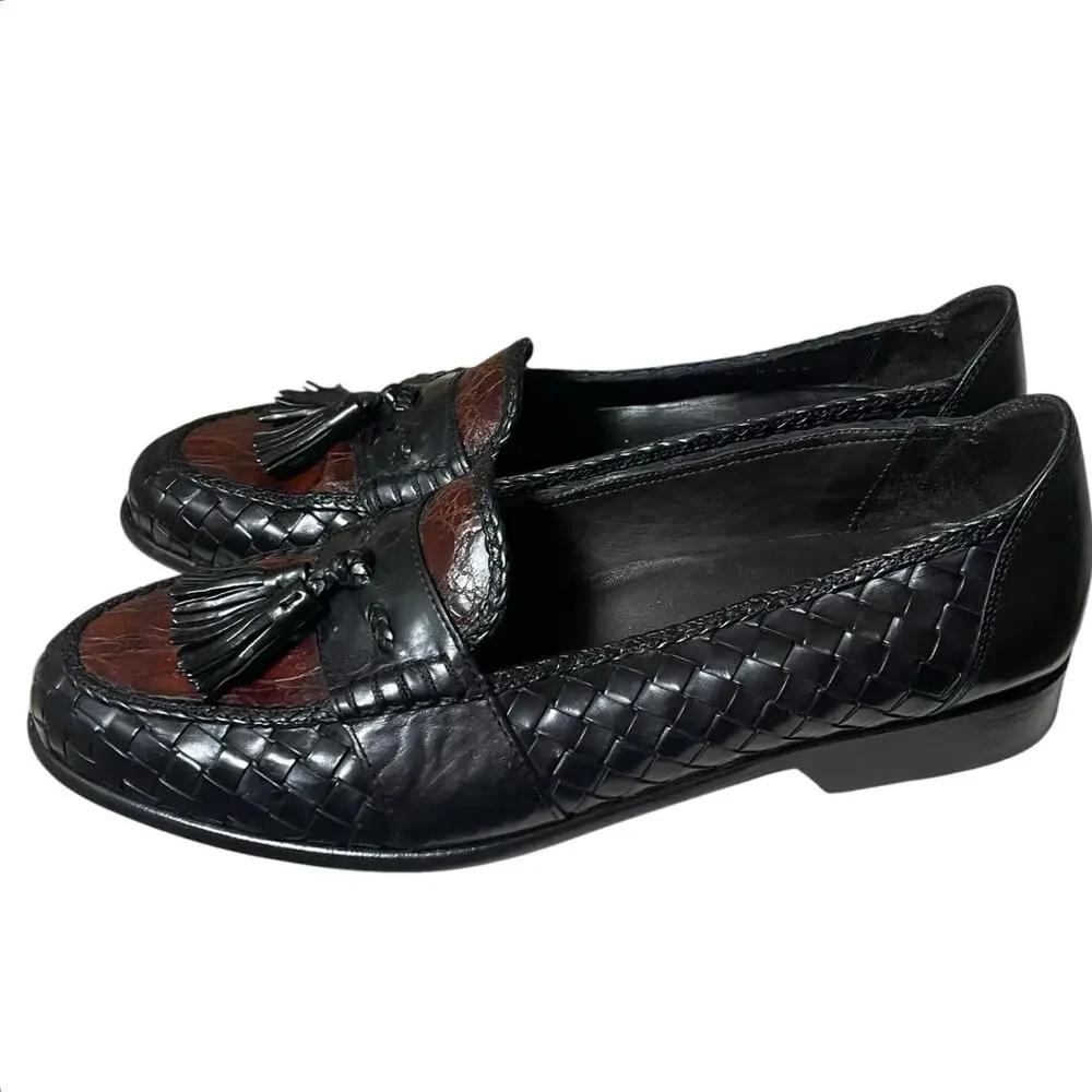 Bragano Crocodile Woven Leather Tassel Loafers Black/Brown Made In Italy 10.5 N